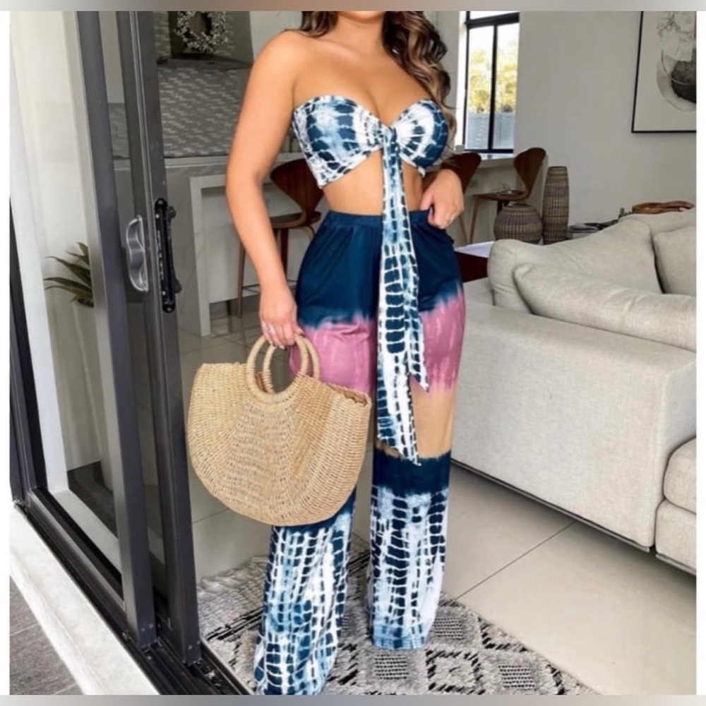 Two Piece Tie-dye Multicolor Tie Front Crop Top and Wide Leg Pants Set